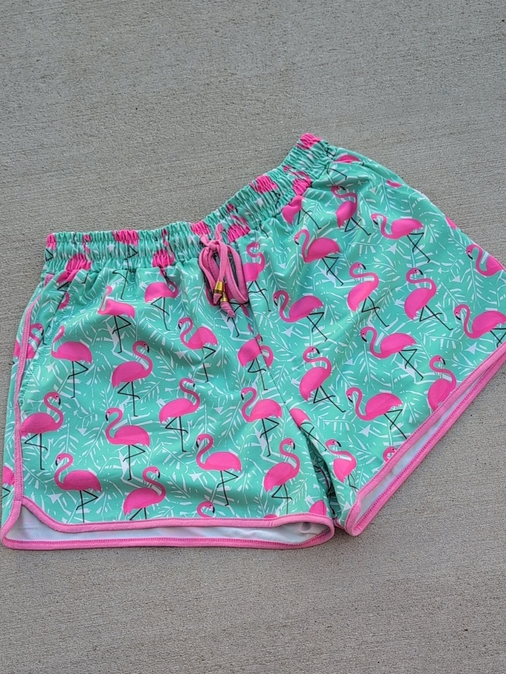 Jess Lea Large Flamingo Print Shorts Teal Pink Drawstring Elastic Waist Beach 3"